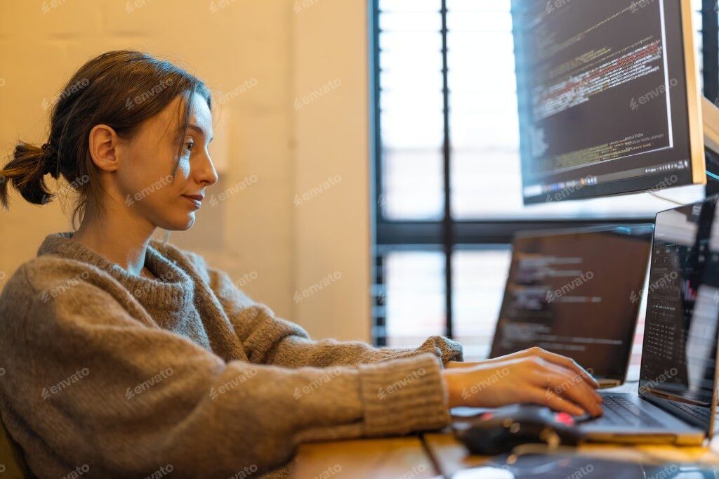 Developer typing code on a laptop with additional monitors showing source code